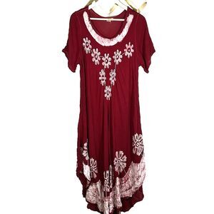 CW Classics Dress Size 1x Red Floral Embroidered Rayon India Boho Asymmetric Hem